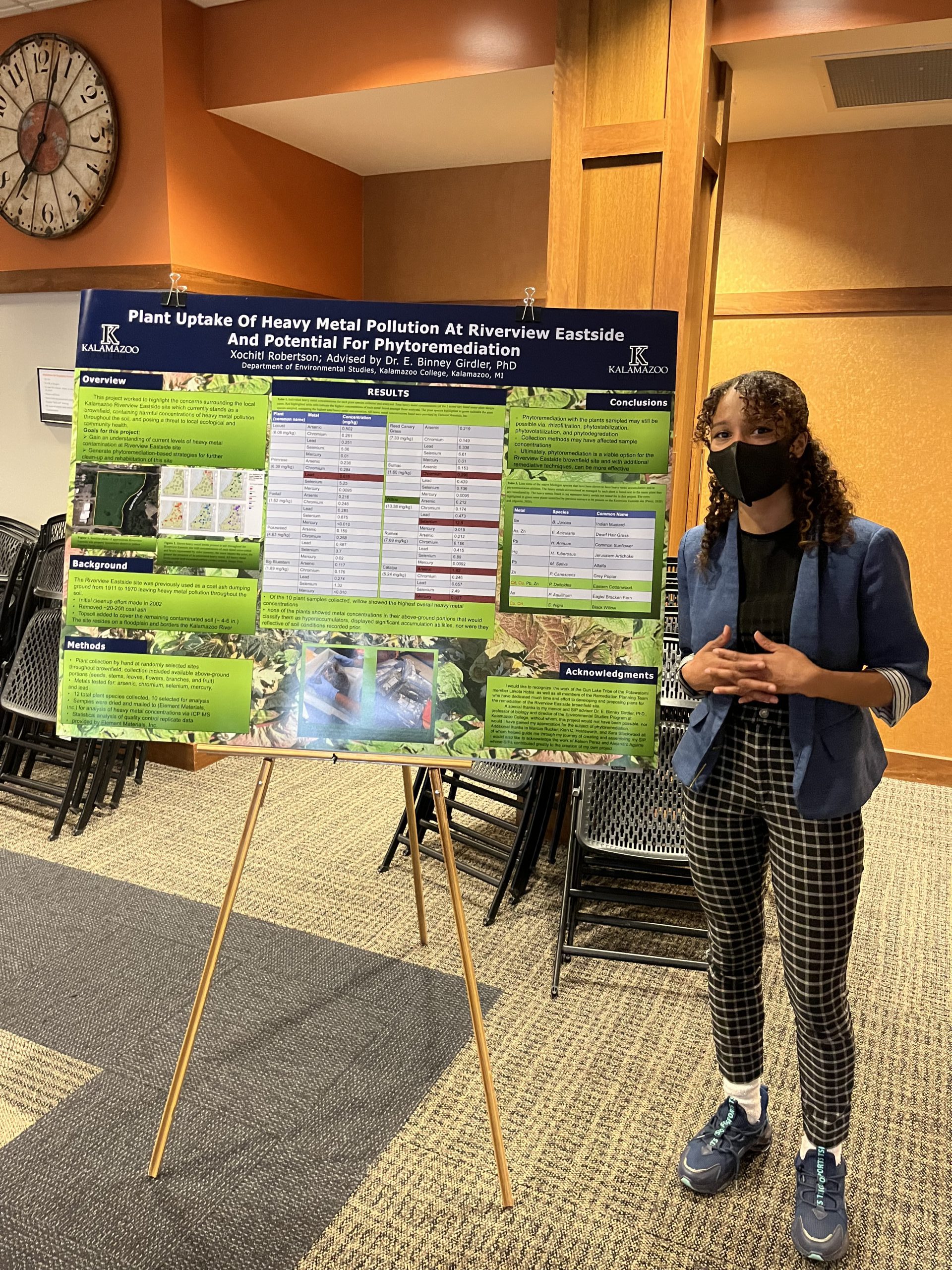 Xochitl Robertson standing next to their senior project poster