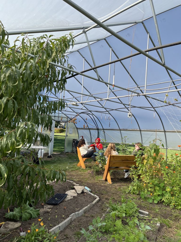 Students talking in the Hoop House