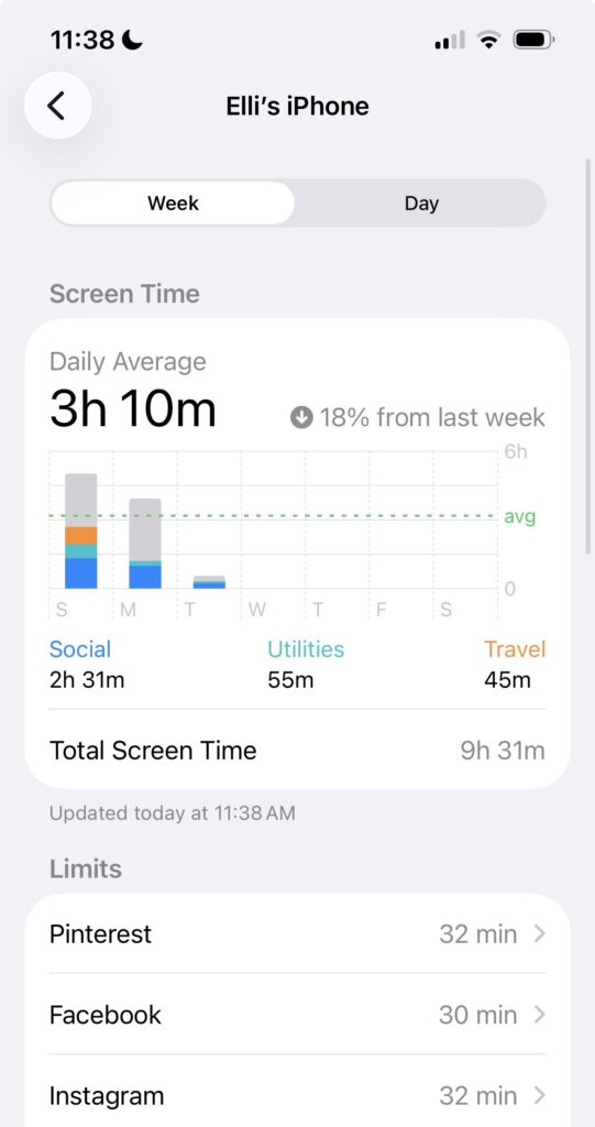 screen shot of a student's screen time